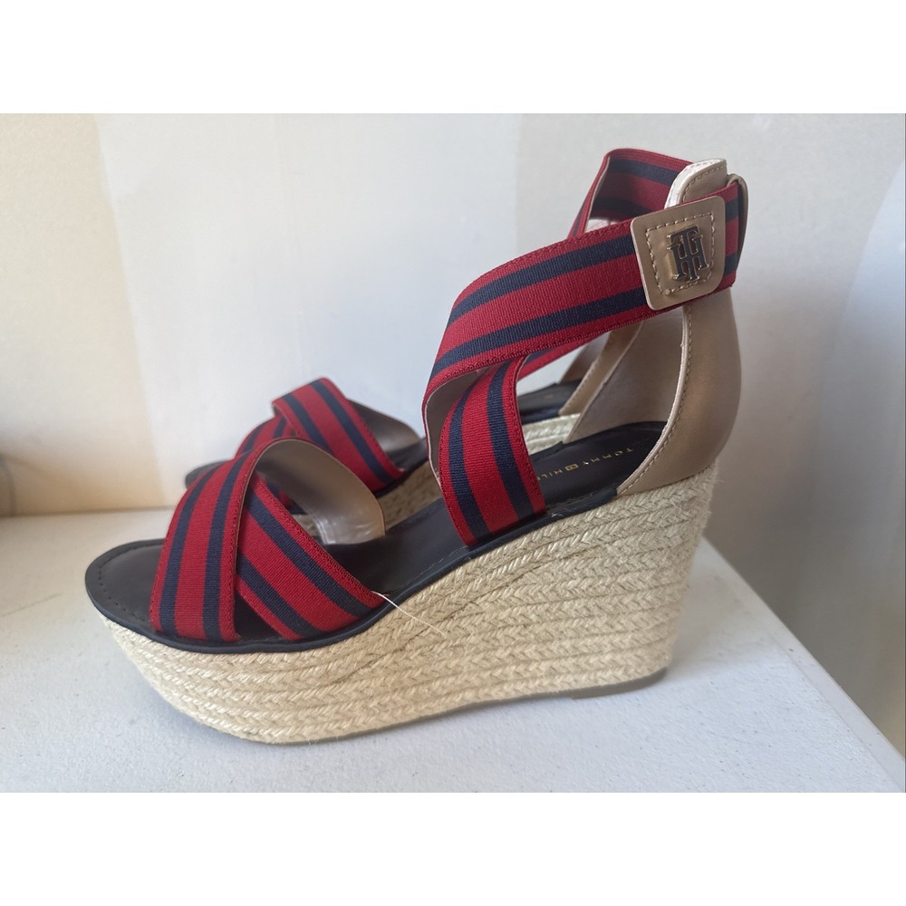 Tommy Hilfiger Red, Navy, Tan Yute Espadrilles Wedge Sandals US Sz 10 Nautical